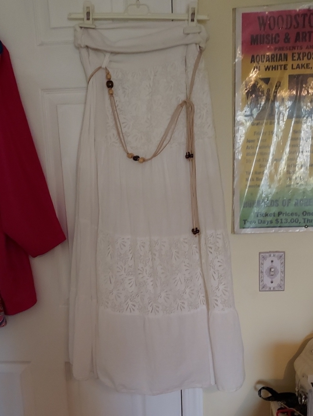 Italian Made Womens White Lace Maxi Skirt Sz Small With Bead Belt